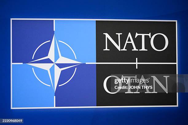 This photograph shows the NATO or OTAN logo a day prior to a meeting of The North Atlantic Treaty Organisation in The Hague, on June 23, 2025....