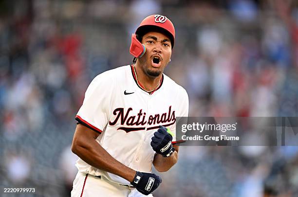 James Wood of the Washington Nationals celebrates after hitting a game winning two-run home run in the eleventh inning against the Colorado Rockies...