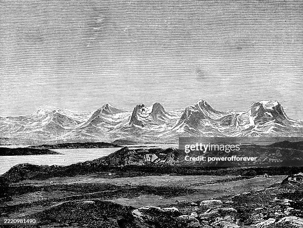 de syv søstre (the seven sisters) mountains on alsta island in norway - 19th century - arctic stock illustrations