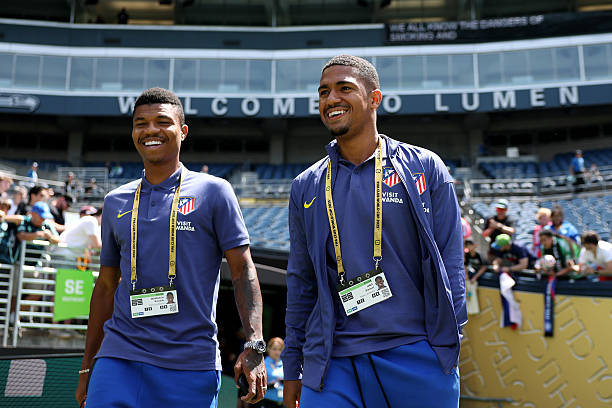 Mandava Reinildo and Samuel Lino of Atletico De Madrid inspect the pitch prior to the FIFA Club World Cup 2025 group B match between Seattle Sounders...