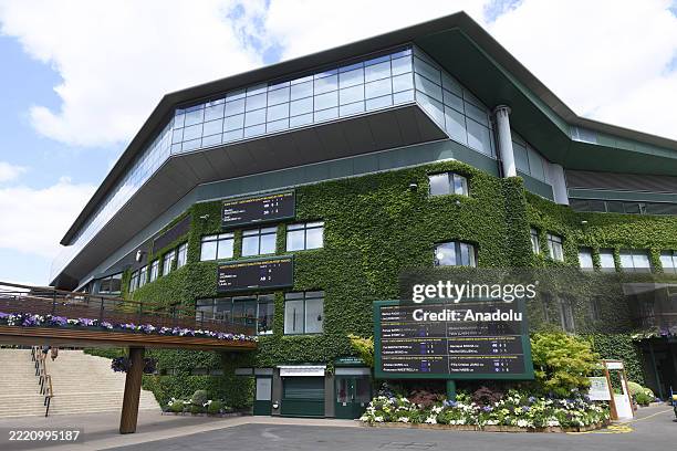 An exterior view of the grass centre court stadium ahead of the Wimbledon tennis championships held at the All England, All England Lawn Tennis and...
