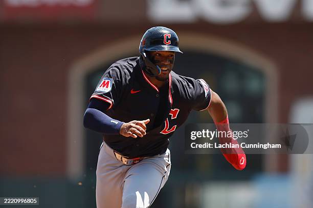 Angel Martínez of the Cleveland Guardians runs to third base in the top of the second inning against the San Francisco Giants at Oracle Park on June...