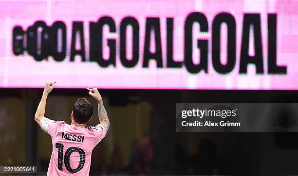 Lionel Messi of Inter Miami CF celebrates his team's second goal during the FIFA Club World Cup 2025 group A match between Internacional CF Miami and...