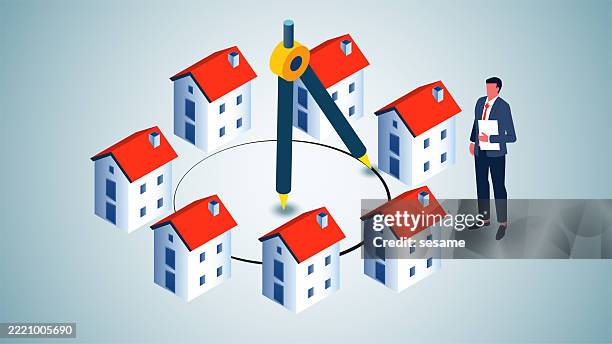 home construction zoning, real estate development and planning, isometric mapping tools to draw construction zones - building foundations stock illustrations