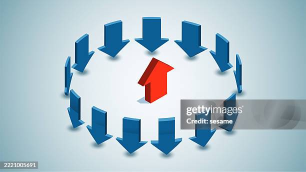 different arrows with directions that stand out, isometric below the arrowheads surrounded by a rising red arrowhead - looking backwards stock illustrations