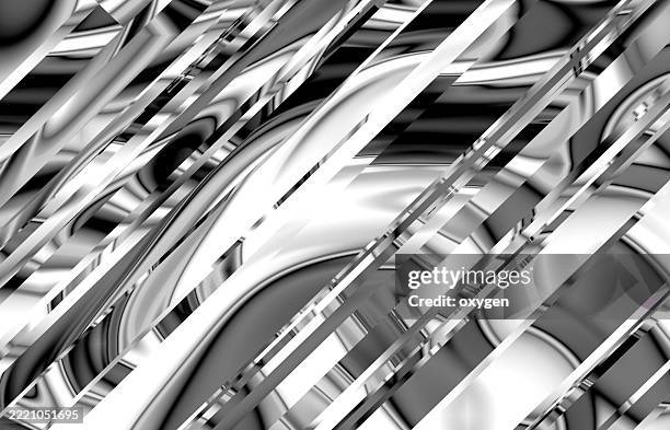 abstract monochrome pattern with metallic reflections. high-contrast abstract artwork featuring flowing metallic textures and sharp diagonal lines in black, white, and gray tones. - chrome letters stock pictures, royalty-free photos & images