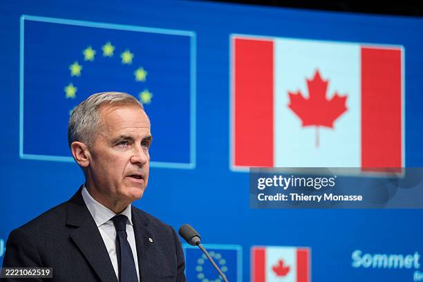 Prime Minister of Canada Mark Carney talks to media at the end of an EU - Canada Summit in the Europa Building, the EU Council headquarters on June...