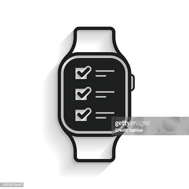 smartwatch with checklist. icon with long shadow on white background - checking smart watch stock illustrations