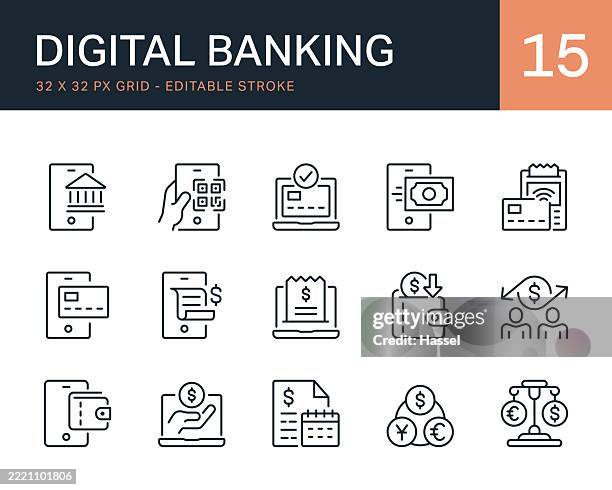 digital banking and payments icon set - online banking stock illustrations