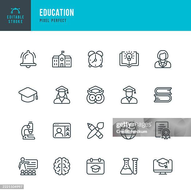 ilustraciones, imágenes clip art, dibujos animados e iconos de stock de educación - conjunto de iconos vectoriales de línea fina. píxel perfecto. trazo editable. el conjunto consta de íconos como estudiante, maestro, aula, libros, sombrero de graduado, pintura, aprendizaje en línea, despertador; cerebro, química, biolog� - edificio escolar