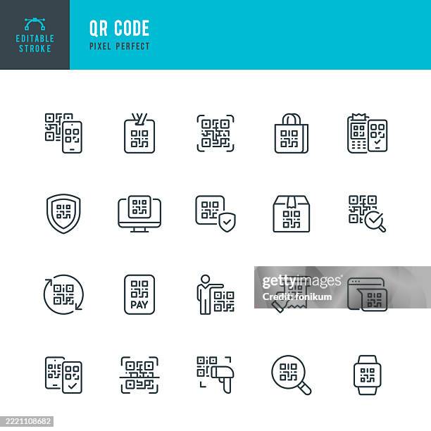 qr code - thin line vector icon set. pixel perfect. editable stroke. the set consists of icons such as qr code, qr code reader, qr code searhing, code of the package, receipt, qr code payment. - qr code icon stock illustrations