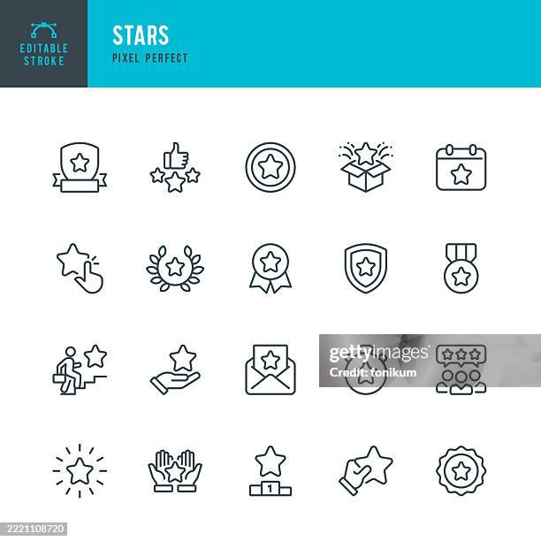 illustrazioni stock, clip art, cartoni animati e icone di tendenza di stelle - set di icone vettoriali a linea sottile. pixel perfetto. tratto modificabile. il set è composto da icone come stella, medaglia, premio, regalo, celebrazione, nastro premio, sigillo stella, leadership, moneta. - fedeltà