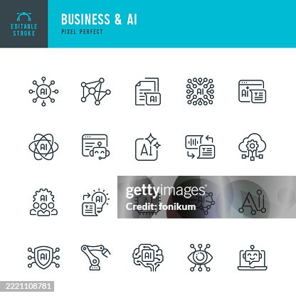 Business & AI - thin line vector icon set. Pixel perfect. Editable stroke. The set consists of icons such as Artificial Intelligence, Virtual Assistant, Machine Vision, Chatbot, Generative Art, Digital Brain, Network Security, Cloud Computing, Robotic Arm Business & AI - thin line vector icon set. Pixel perfect. Editable stroke. The set consists of icons such as Artificial Intelligence, Virtual Assistant, Machine Vision, Chatbot, Generative Art, Digital Brain, Network Security, Cloud Computing, Robotic Arm