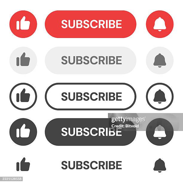 subscribe button, like icon, notification bell, social media ui, subscribe, user interface elements, flat design buttons, vector icons, ui ux design, notification icon, social network, web design assets, call to action, button set, bell icon, like - subscription stock illustrations