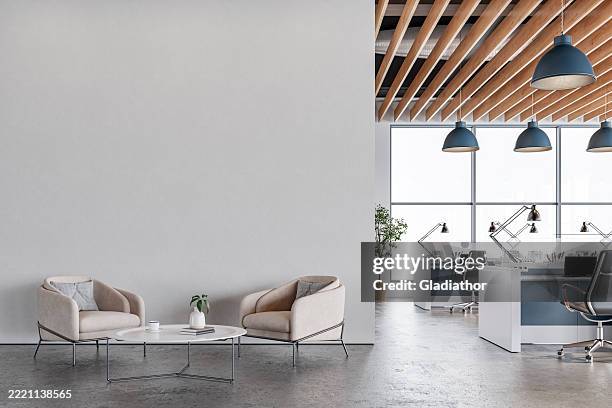 modern office interior with light white smoke wall and minimalist lounge area on microcement floor - office lobby wall stock pictures, royalty-free photos & images