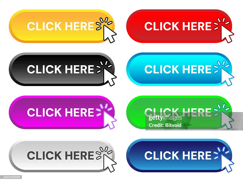 Click here button, call to action, website button, web ui elements, colorful buttons, vector click icon, mouse pointer, web design assets, ui ux design, clickable button, flat design icons, cursor click, interaction icon, website interface