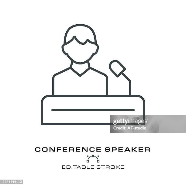 illustrazioni stock, clip art, cartoni animati e icone di tendenza di icona lineare dell'oratore della conferenza: vettore di tratto modificabile della persona sul podio con microfono - discorso programmatico