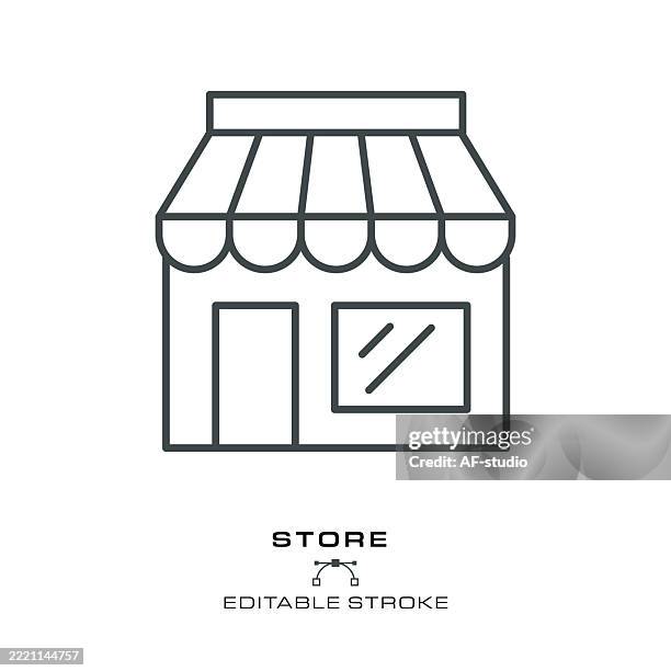 stockillustraties, clipart, cartoons en iconen met small shop linear icon – symbol of local business and retail storefront - etalage
