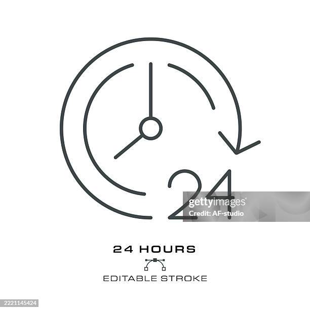 ilustrações de stock, clip art, desenhos animados e ícones de 24h clock linear icon – symbol of full-day availability and nonstop service - aberto 24 horas