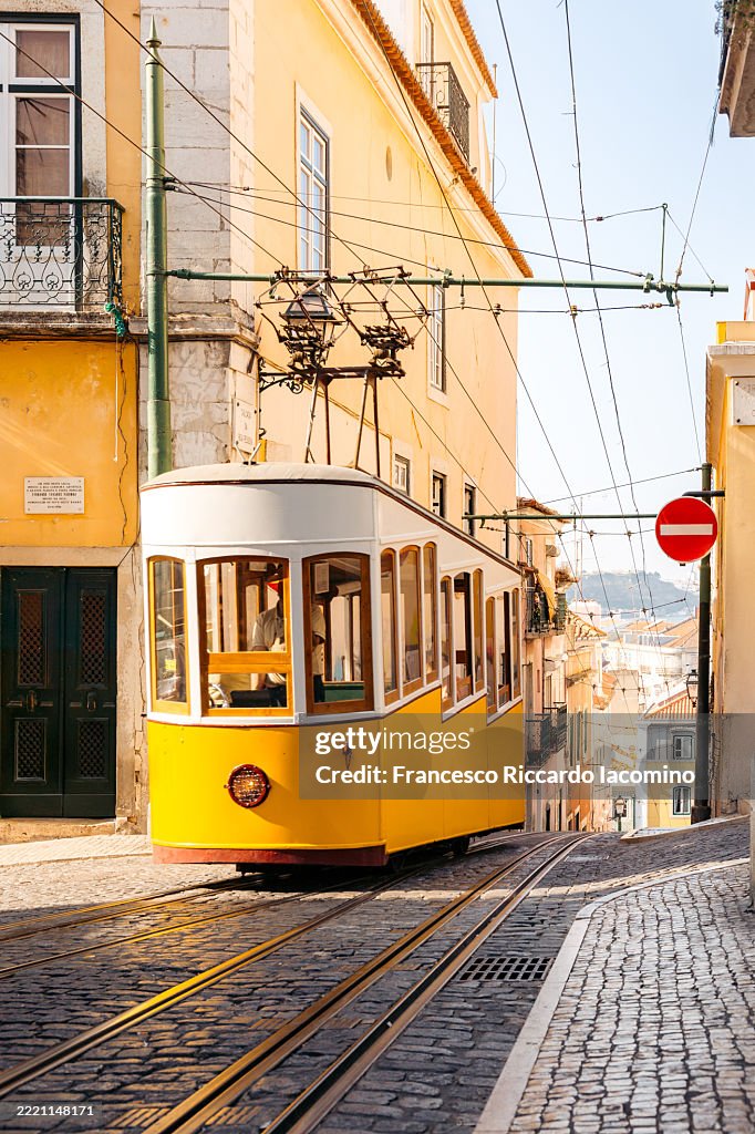 Lisbon iconic yellow tram.