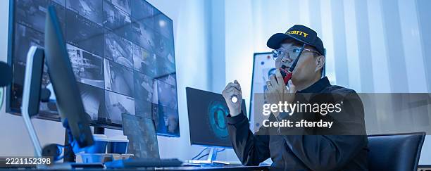 security man guard, working in control room by cctv monitor for protection, data center or building safety. inspection, video surveillance agency and control room with footage, view monitor and computer - security guard stock pictures, royalty-free photos & images