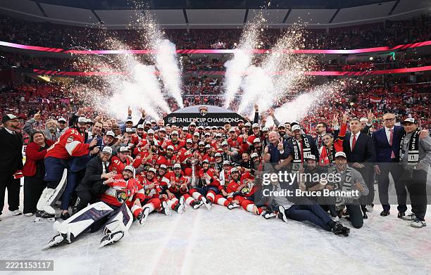 The Florida Panthers pose with the Stanley Cup following the win over the Edmonton Oilers during Game Six of the 2025 NHL Stanley Cup Final at...