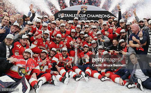 The Florida Panthers pose with the Stanley Cup following the win over the Edmonton Oilers during Game Six of the 2025 NHL Stanley Cup Final at...