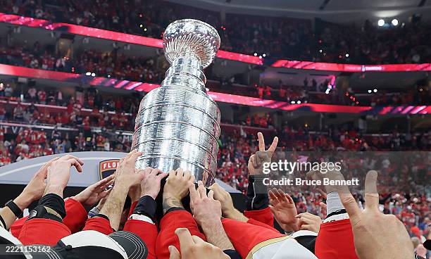 The Florida Panthers raise the Stanley Cup following the win over the Edmonton Oilers during Game Six of the 2025 NHL Stanley Cup Final at Amerant...