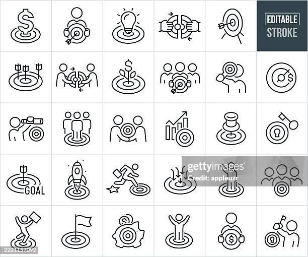 illustrazioni stock, clip art, cartoni animati e icone di tendenza di icone della linea sottile sull'obiettivo - tratto modificabile - le icone includono la freccia nell'occhio di bue dell'obiettivo, uomo d'affari nell'occhio di bue dell'obiettivo, precisione, esattezza, accuratezza, messa a fuoco, successo, obiettivo, perfe - target