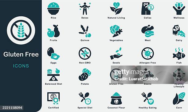 illustrazioni stock, clip art, cartoni animati e icone di tendenza di collezione di icone solide senza glutine. contiene alimenti, dieta, stile di vita sano, alimentazione sana, dieta equilibrata, vita naturale, benessere, latticini, verdure, frutta, non ogm, certificato, detox, senza allergeni - allergia