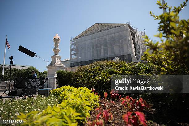 Television crews setup camera equipment outside of the U.S. Supreme Court on June 20, 2025 in Washington, DC. The Supreme Court began the morning...