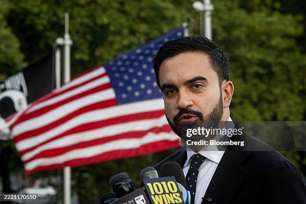 Zohran Mamdani, New York City mayoral candidate, speaks during a news conference at Astoria Park during the New York City mayoral Democratic primary...