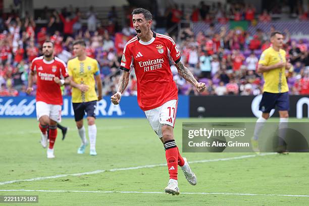 Angel Di Maria of SL Benfica celebrates scoring his team's first goal from a penalty kick during the FIFA Club World Cup 2025 group C match between...