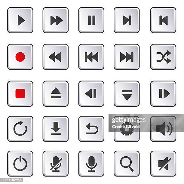 media control icons, playback buttons, audio interface, play pause stop, video control set, music player icons, circular button set, media ui elements, recording icons, volume control, forward rewind, shuffle repeat, flat design buttons, multimedia - push button stock illustrations