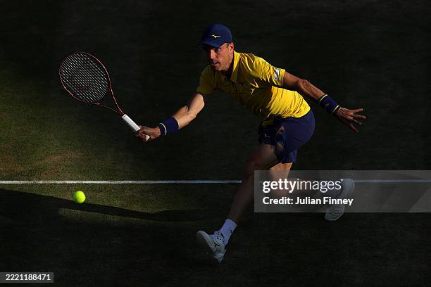 Roberto Bautista Agut of Spain plays a forehand against Holger Rune of Denmark during the Men's Singles Quarter Final match on Day Twelve of the 2025...