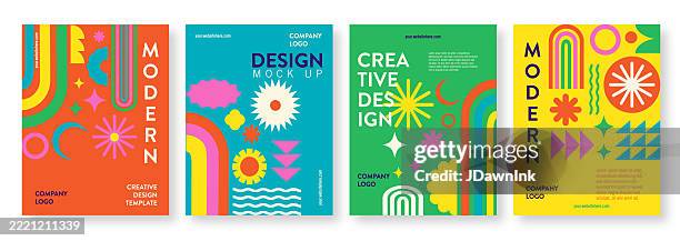 set von modernen, lebendigen risograph- oder brutalistischen abstrakten design-hintergrundvorlagen mit unterschiedlichen layouts und platzierungstexten - leuchtende farbe stock-grafiken, -clipart, -cartoons und -symbole