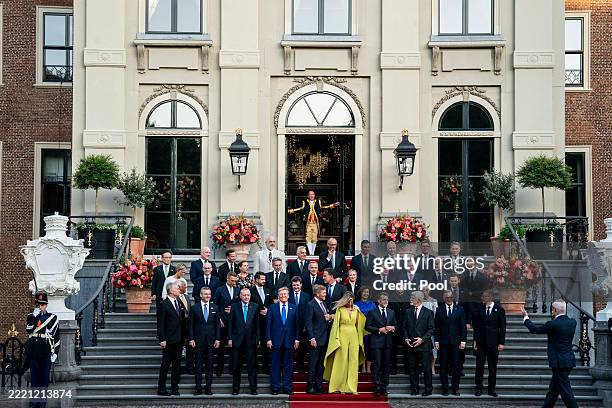 Leaders join King Willem-Alexander and Queen Máxima of the Netherlands for a family photo as they participate in the 2025 NATO summit on June 24,...