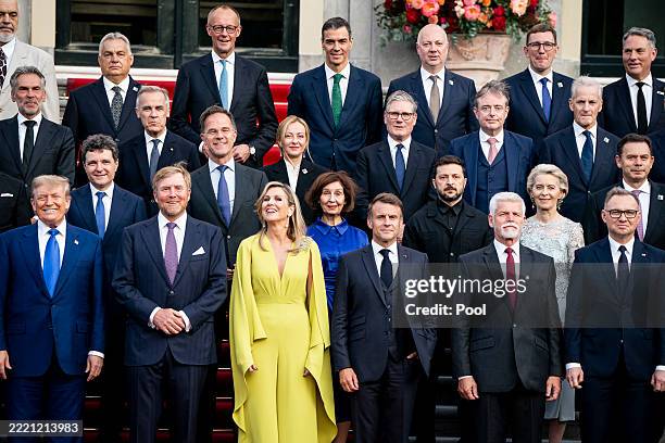 Leaders join King Willem-Alexander and Queen Máxima of the Netherlands for a family photo as they participate in the 2025 NATO summit on June 24,...
