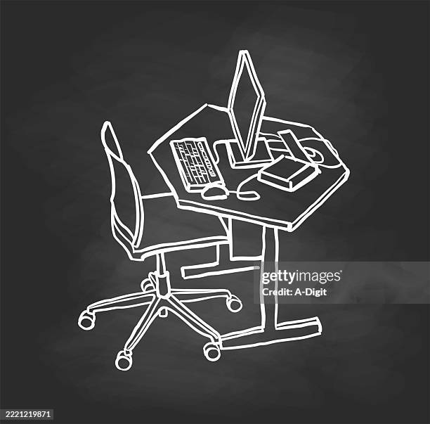 librarycomputerblackboard - desk aerial view stock illustrations