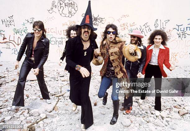 American musicians J. Geils , Magic Dick, Peter Wolf, Stephen Bladd, Danny Klein and Seth Justman, of the American rock band J. Geils Band, pose for...