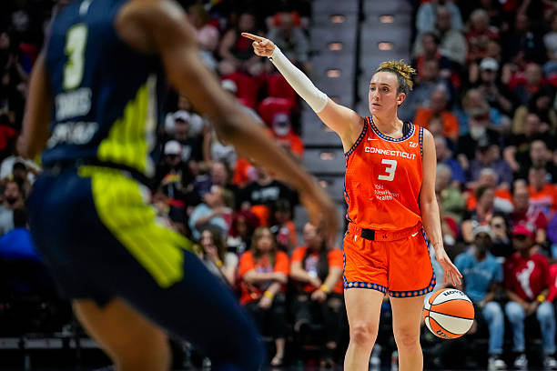 Marina Mabrey of the Connecticut Sun plays against the Dallas Wings during a WNBA basketball game at Mohegan Sun Arena on June 20, 2025 in...