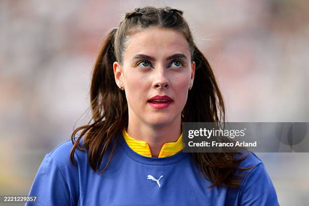 Yaroslava Mahuchikh of Ukraine looks on prior to the High Jump in the Meeting de Paris, part of the 2025 Diamond League at Stade Charlety on June 20,...