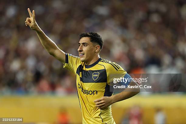 Miguel Merentiel of CA Boca Juniors celebrates scoring his team's first goal during the FIFA Club World Cup 2025 group C match between FC Bayern...