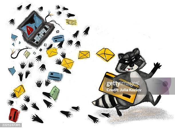 raccoon-hacker stealing credit card and other data. broken computer with paw prints and scattered emails surround the theft scene. - criminal stock illustrations