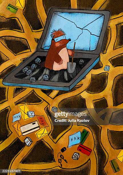 mole hacker steals data. underground tunnels filled with credit cards and personal information. - data breach stock illustrations