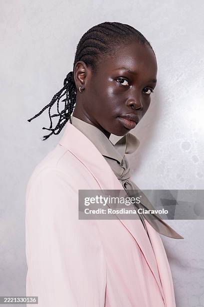 Model poses backstage at the Pronounce fashion show during the Milan Menswear Spring/Summer 2026 Fashion Week on June 21, 2025 in Milan, Italy.