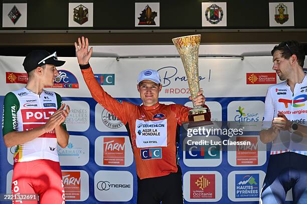 Davide Piganzoli of Italy and Team Polti VisitMalta on second place, race winner Nicolas Prodhomme of France and Team Decathlon AG2R La Mondiale -...