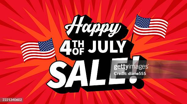 ilustraciones, imágenes clip art, dibujos animados e iconos de stock de las palabras venta del 4 de julio en una pancarta de cómic rojo - sombra paralela