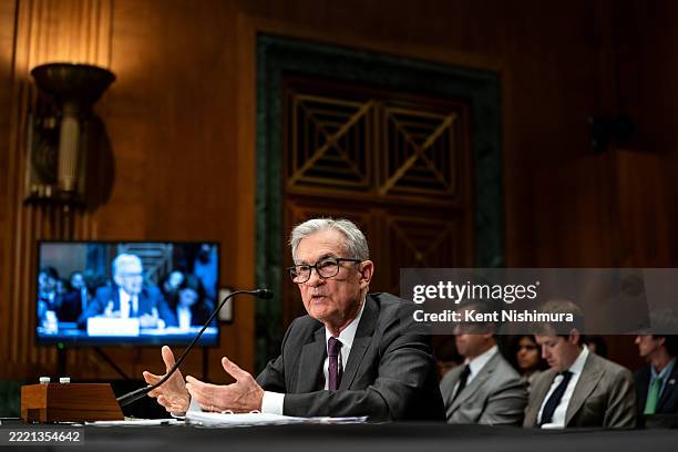 Fed Chair Jerome Powell testifies before the Senate Committee on Banking, Housing, and Urban Affairs during a hearing to "examine the Semiannual...