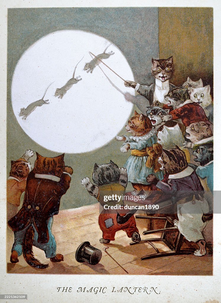 Magic lantern show for cats and kittens, chasing mice, Animals as humans art, Victorian, Cats, 19th Century, 1890s